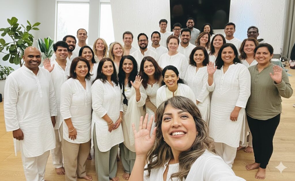Group photo of Quantum Creation Workshop - Weekly Group Meditation Cirlces in Milpitas for Beautiful Humans Mindfulness Community Gathering led by Sarika - Silicon Valley’s largest mindfulness community, hosting group workshops, meditation circles, and breathwork retreats in a heart led collective space.