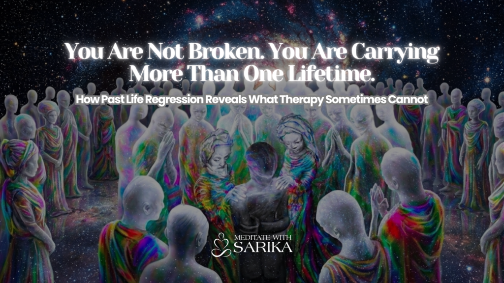 A high-resolution, visionary art-style illustration depicting a past life regression or soul healing session. A central figure is surrounded by a supportive circle of ethereal, light-filled "Beautiful Humans" and spirit guides against a celestial, starry galaxy background. This imagery represents the deep, heart-centered spiritual work and energy healing available at Meditate with Sarika in the Bay Area.