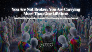 A high-resolution, visionary art-style illustration depicting a past life regression or soul healing session. A central figure is surrounded by a supportive circle of ethereal, light-filled "Beautiful Humans" and spirit guides against a celestial, starry galaxy background. This imagery represents the deep, heart-centered spiritual work and energy healing available at Meditate with Sarika in the Bay Area.