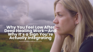 Woman gazing out window during emotional integration after energy healing and meditation sessions